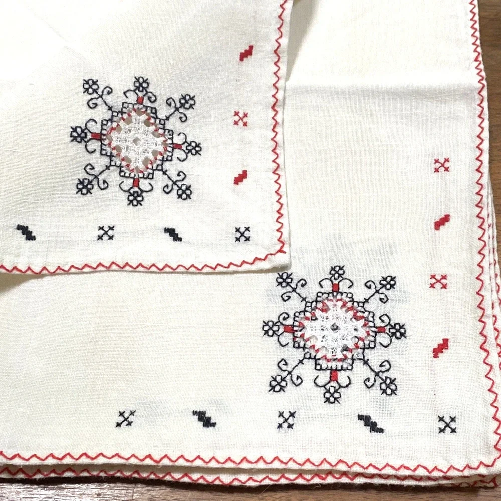 Vintage Set of 8 Cloth Napkins Creamy White Cotton Red Black Embroidery Cutwork